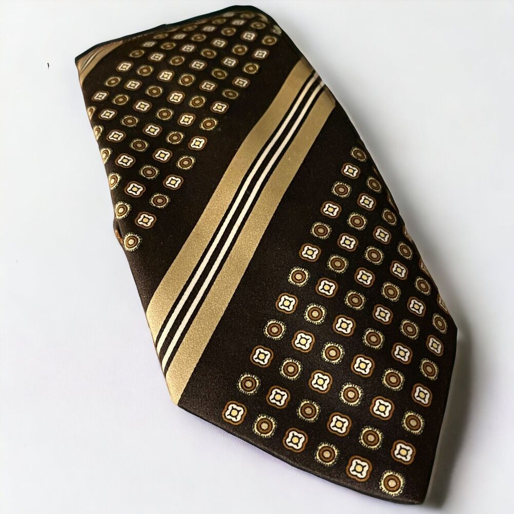 Vintage Oleg Cassini Brown Necktie Diagonal Stripe Geometric Dotted Tie